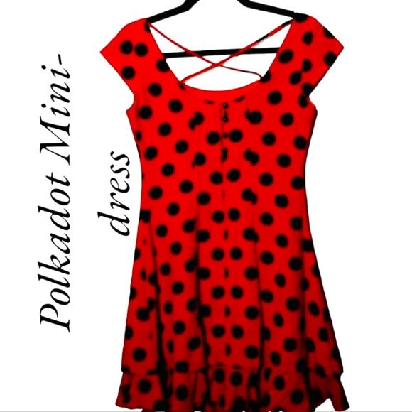 N/A Dresses & Skirts - Mini Red & Black Polka Dot Dress layered bottom flare Minnie Mouse/Ladybug/1950s